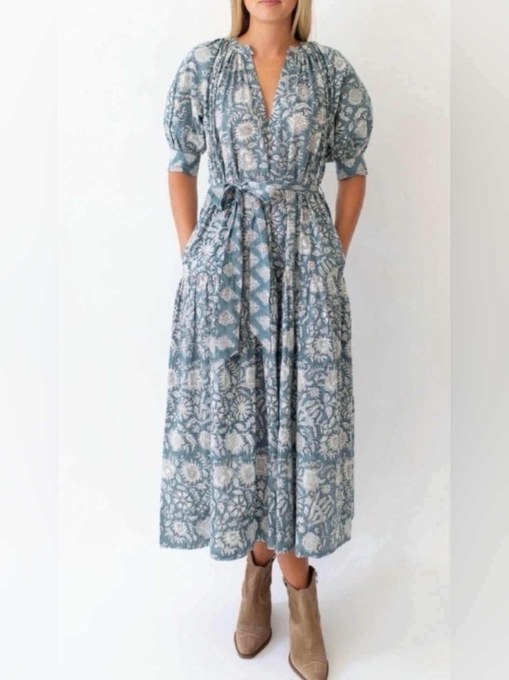 Marea by Liz Joy - Blue Floral Maxi Dress with Tie Waist